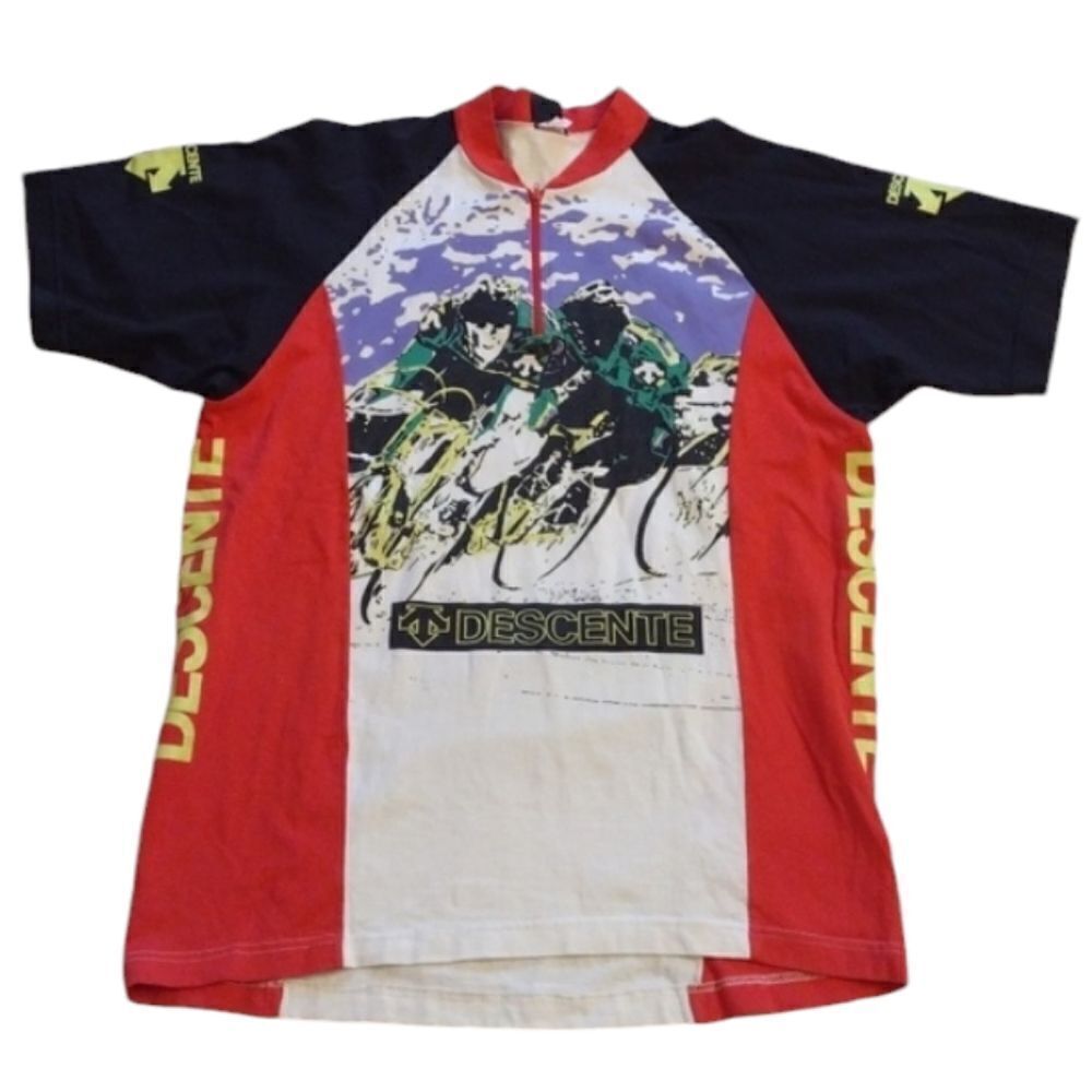 Descente Vintage 90s Cycling Jersey Shirt Cotton bright color graphic tee L